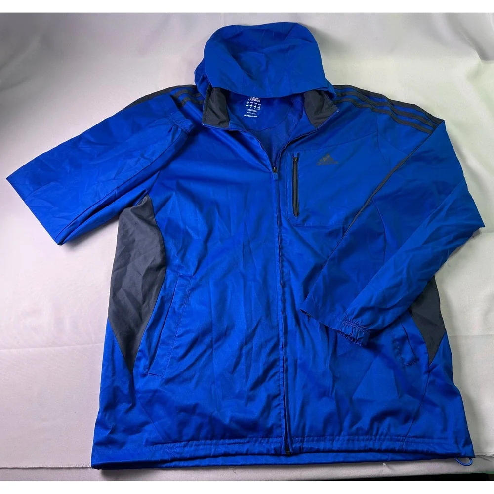 Adidas Mens M Running Jacket Blue Gray Hooded‎ Full Zip 3-Stripe Athletic